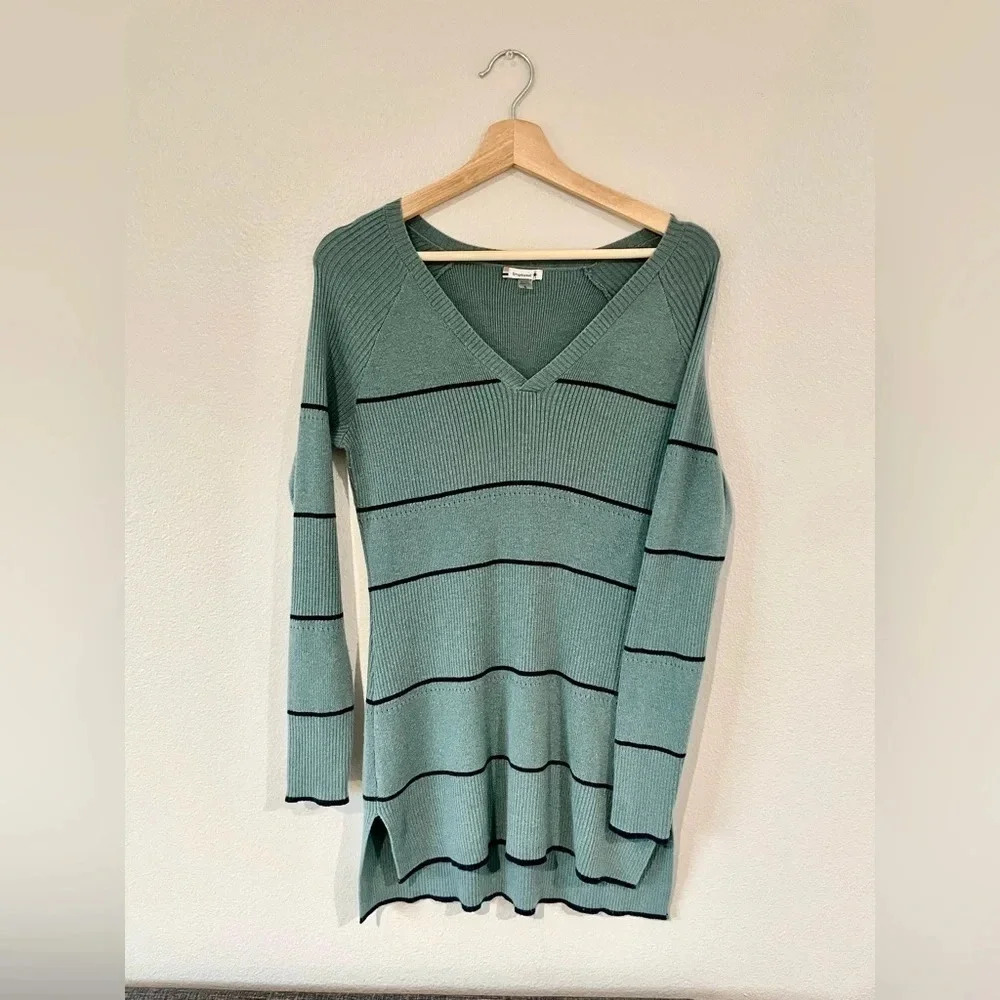 Smartwool Women Shadow Pine Pointelle Stripe Tunic Sweater Blue Vneck